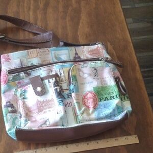 Relic Pastel Paris Patchwork Shoulder Bag with Brown Trim